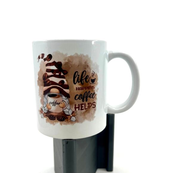 Brown & White Gnome Coffee Cup 'Life Happens..Coffee Helps' Coffee Lover Gift - Picture 2 of 6